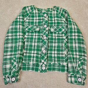 Cabi‎ Green Plaid Parisian Tweed Chic Blazer Fringe Trim M Old Money Prep Luxury